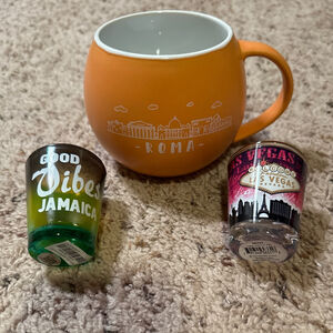 Orange Roma Mug & Green Jamaica Shot Glass & Las Vegas Shot Glass